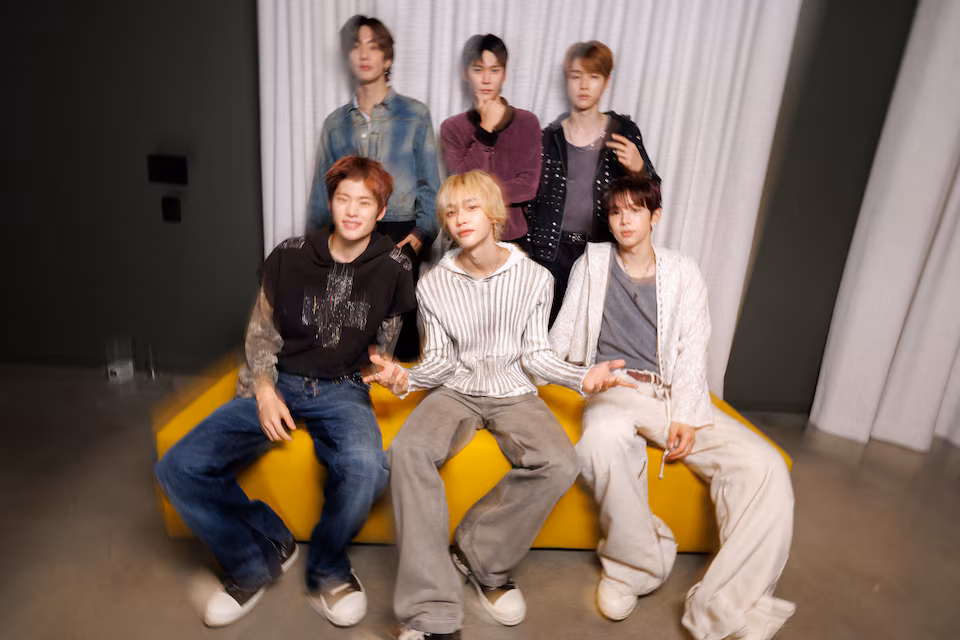 The 6-member South Korean boy band RIIZE poses for a portrait inside the RCA building on the Sony Pictures lot in Culver City California, U.S. November 12, 2025. REUTERS/Mike Blake